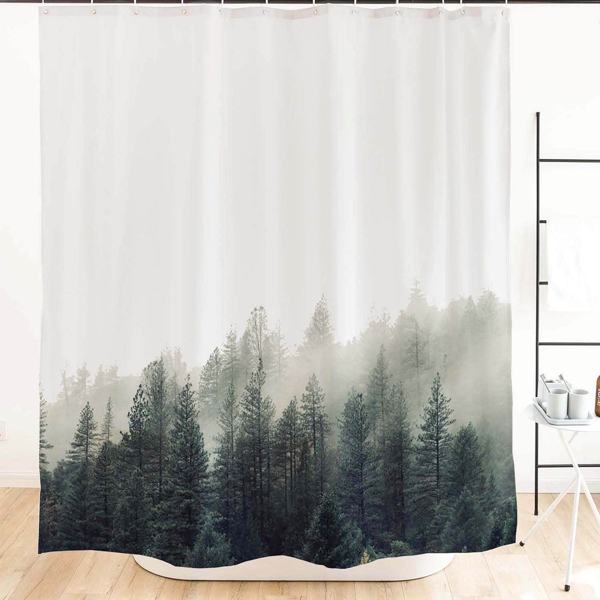 Ofat Home Green Foggy Forest Shower Curtain with Hooks Bathroom Decor, No Liner Needed Waterproof Washable, Heavy Fabric 150gsm, 72"x72"