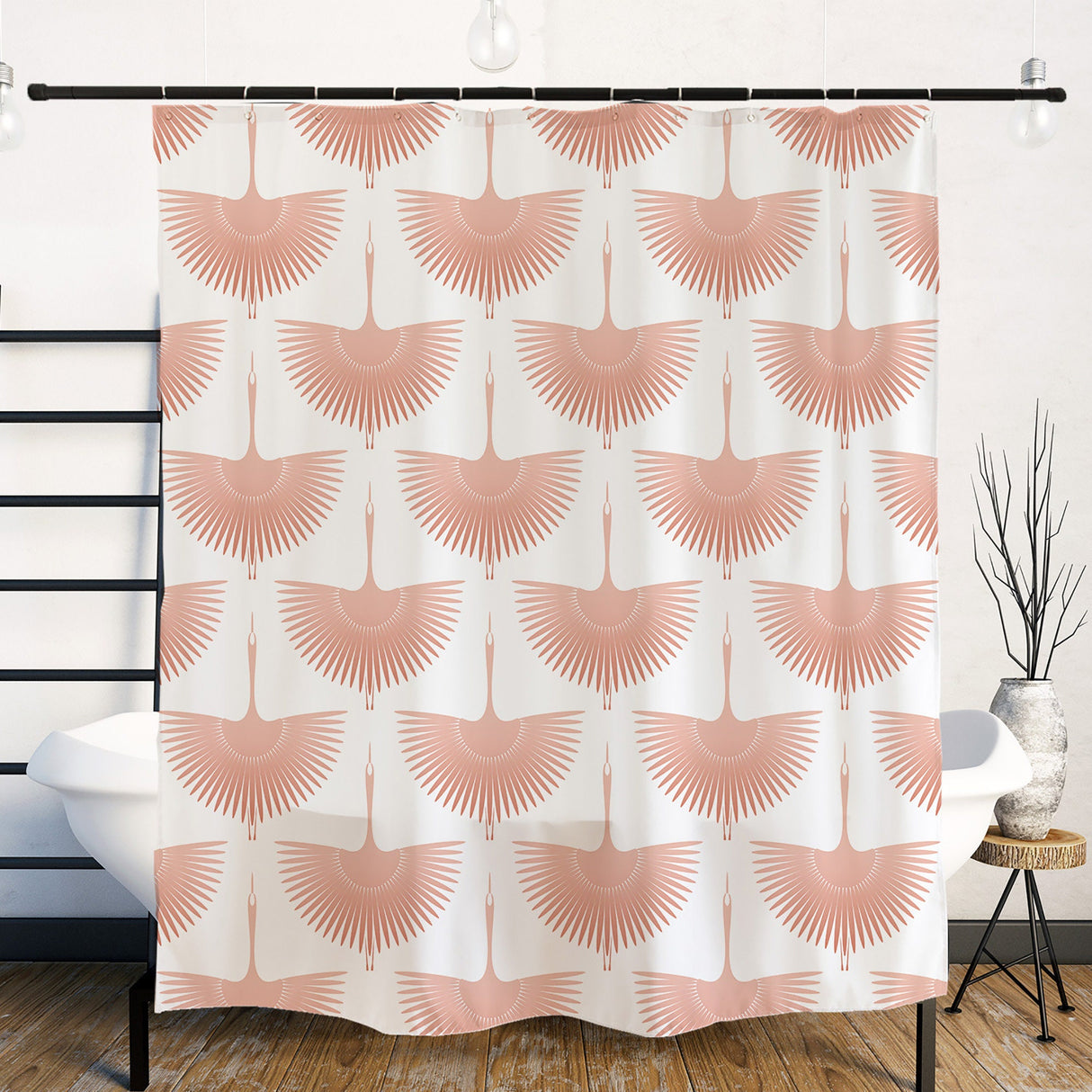 Japanese Crane Shower Curtain with Plastic Hooks 72x72 Inch, Waterproof Fabric Home for Bathroom Party Decor No Liner Needed