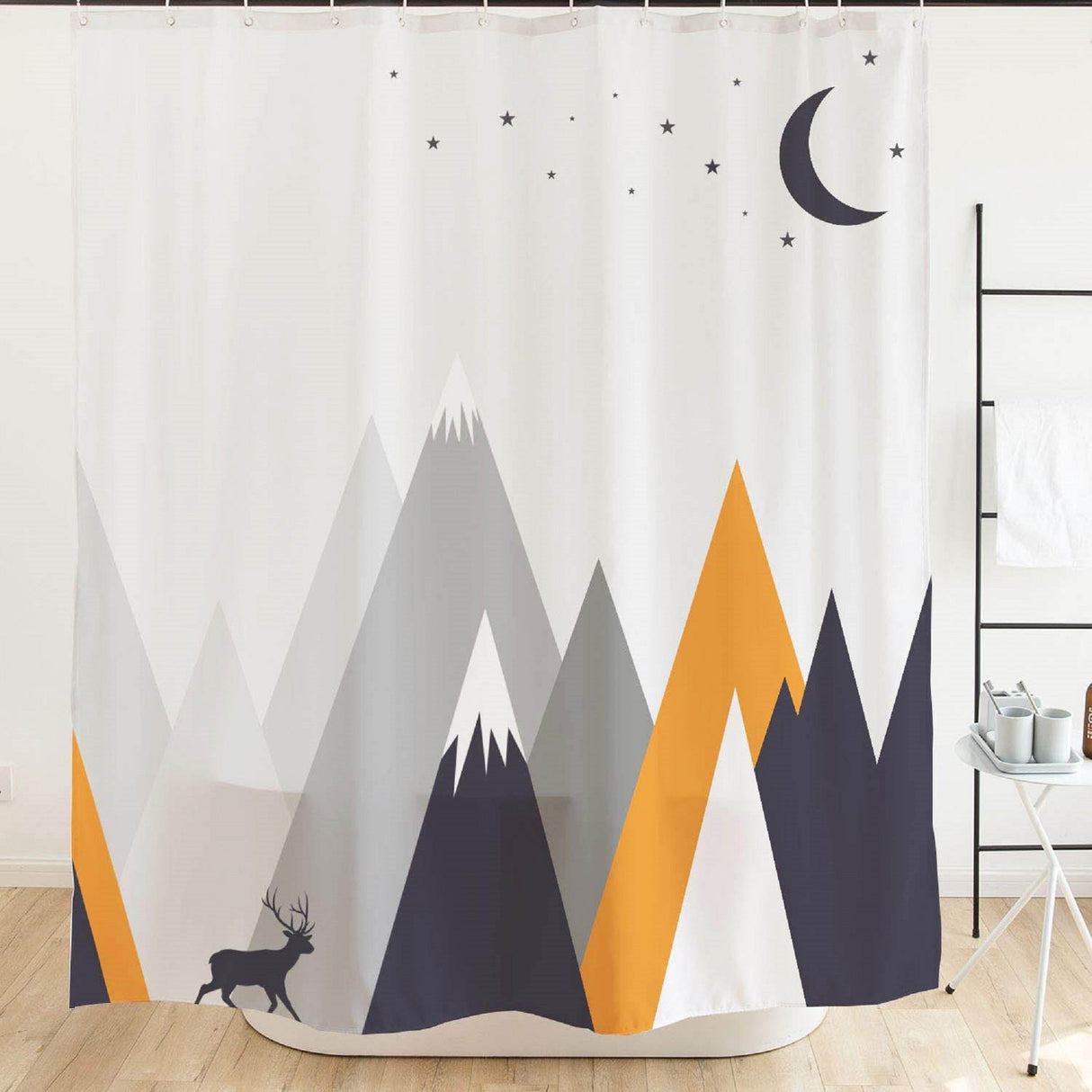 Ofat Home Minimalism Elk and Mountain Shower Curtain with Hooks for Bathroom Tub Decor,No Liner Needed Washable,Heavy Fabric 150gsm,72"x72"