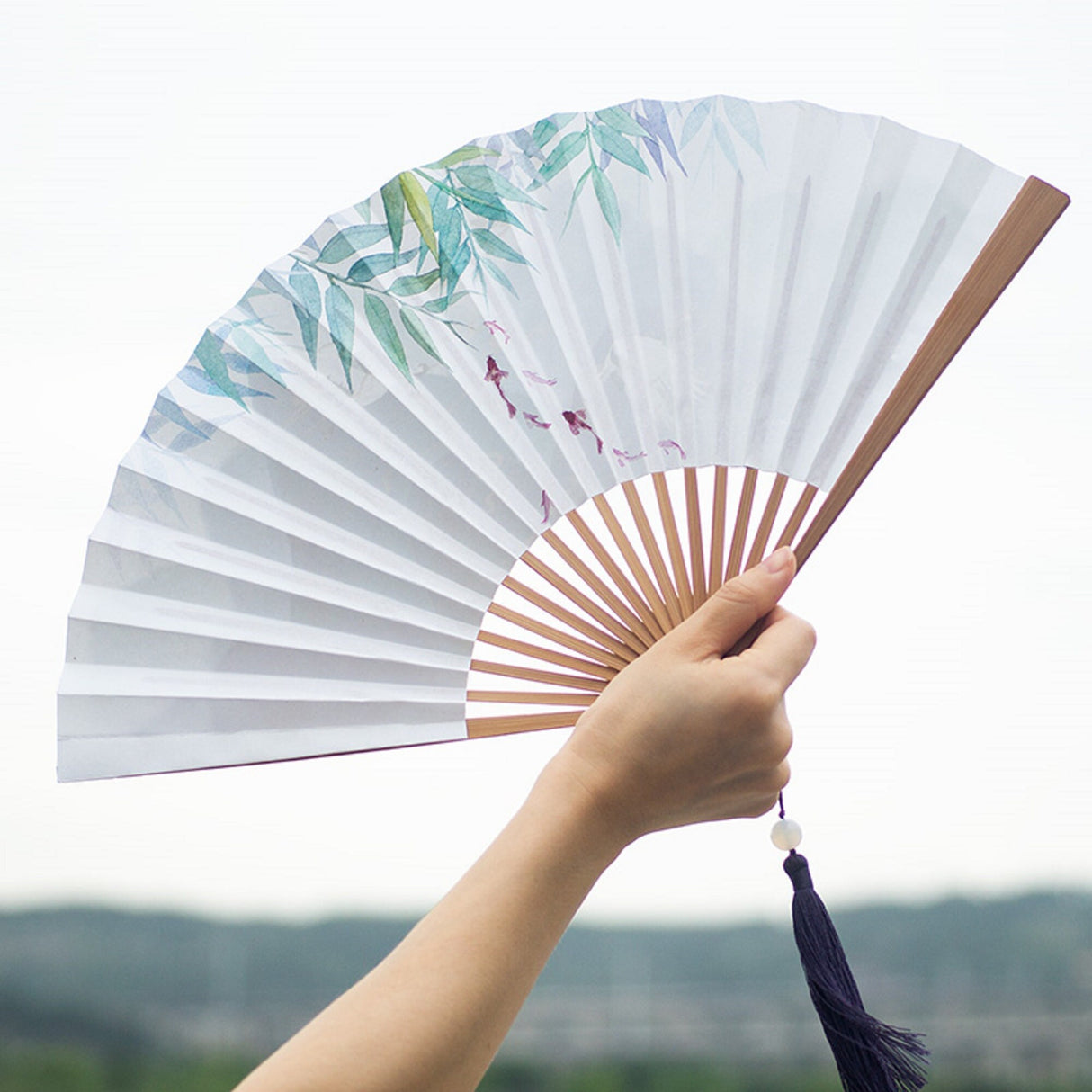 Chinese Paper Fan,Mountain Crane Carp Wood Handle Folding Fan,Double-sided Watercolor Painting Paper Fan with Tassel,10.25" Long