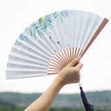 Chinese Paper Fan,Mountain Crane Carp Wood Handle Folding Fan,Double-sided Watercolor Painting Paper Fan with Tassel,10.25" Long