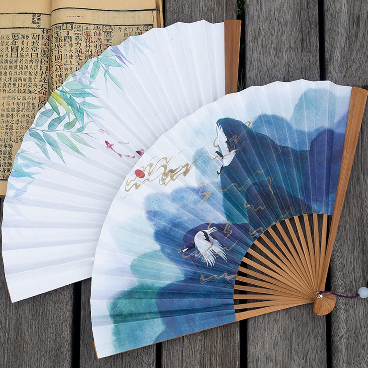 Chinese Paper Fan,Mountain Crane Carp Wood Handle Folding Fan,Double-sided Watercolor Painting Paper Fan with Tassel,10.25" Long