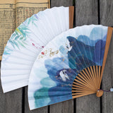 Chinese Paper Fan,Mountain Crane Carp Wood Handle Folding Fan,Double-sided Watercolor Painting Paper Fan with Tassel,10.25" Long