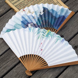 Chinese Paper Fan,Mountain Crane Carp Wood Handle Folding Fan,Double-sided Watercolor Painting Paper Fan with Tassel,10.25" Long