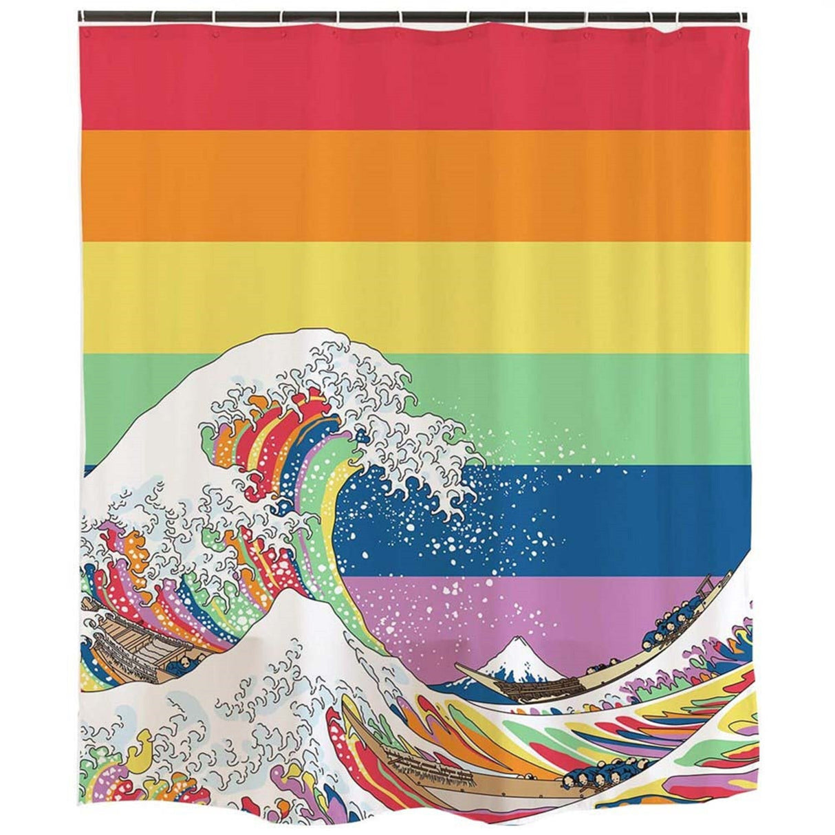 Ofat Home LGBTQ Pride Rainbow Shower Curtain, Japanese The Great Wave Painting Bathroom Decor,  No Liner Needed Waterproof Washable, 150gsm