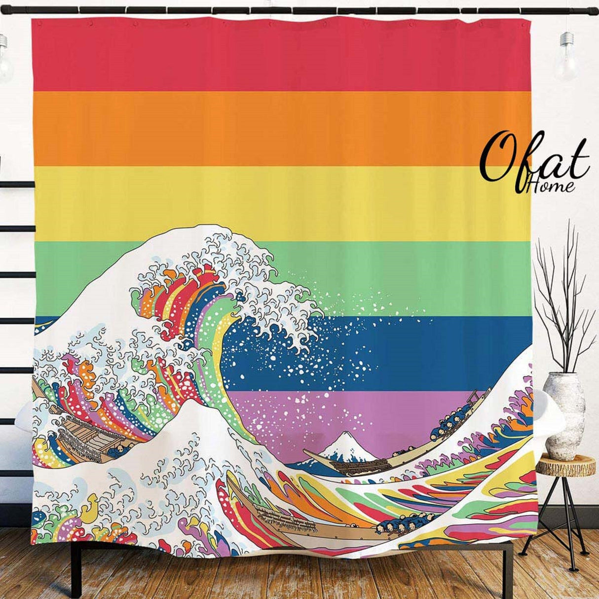 Ofat Home LGBTQ Pride Rainbow Shower Curtain, Japanese The Great Wave Painting Bathroom Decor,  No Liner Needed Waterproof Washable, 150gsm