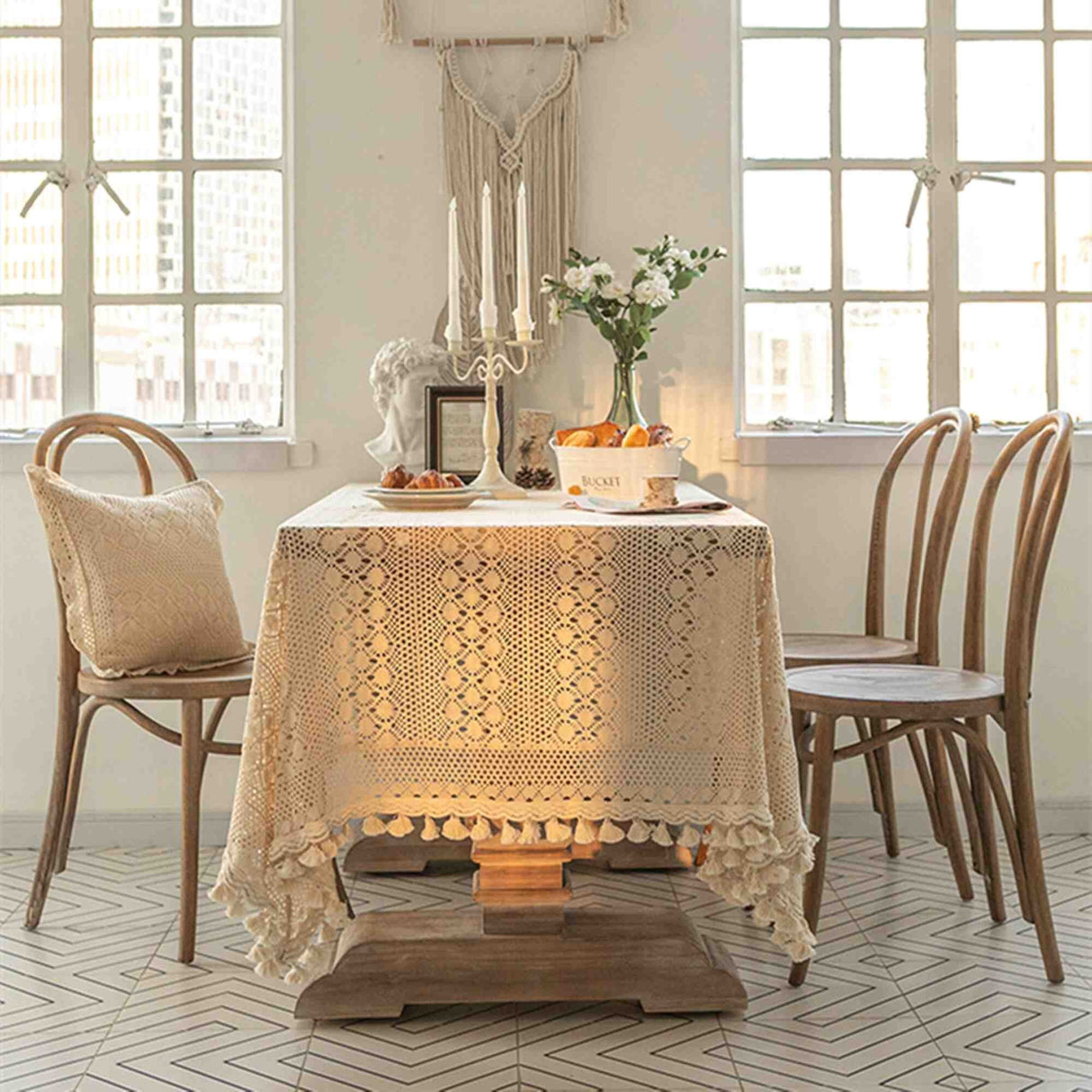 Pastoral Style, Lace Tablecloth with Tassel Table Cover for Kitchen Dinning Tabletop Decoration Nordic Rectangular Coffee Table