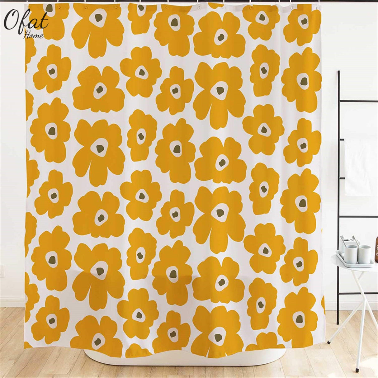 Ofat Home Yellow Flower Shower Curtain with Hooks Bathroom Tub Decor, No Liner Needed Waterproof Washable,Heavy Fabric 150gsm