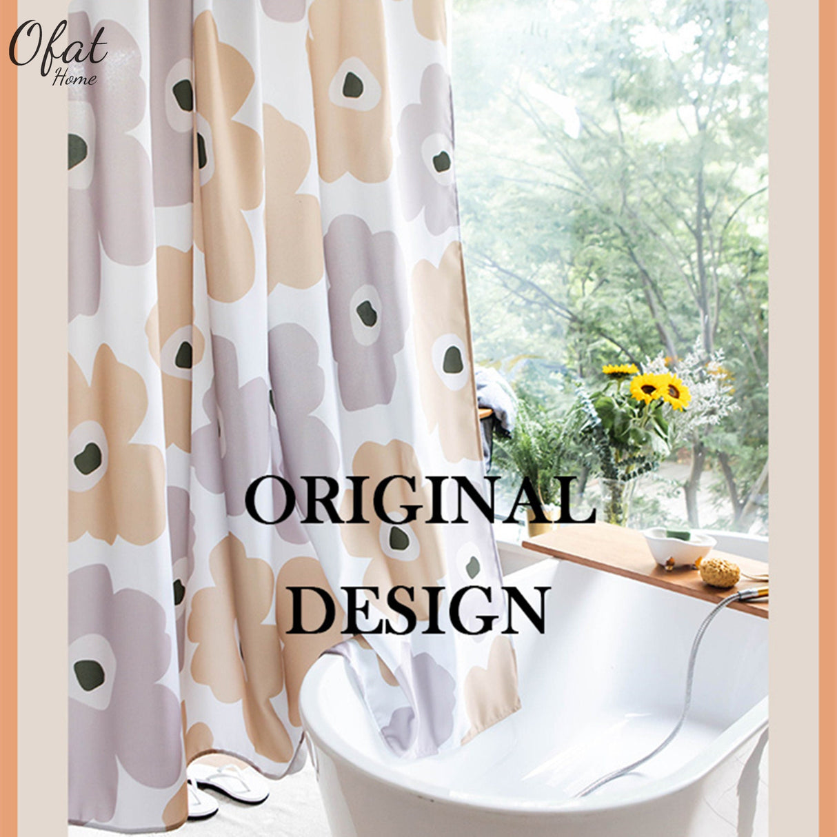 Ofat Home Yellow Flower Shower Curtain with Hooks Bathroom Tub Decor, No Liner Needed Waterproof Washable,Heavy Fabric 150gsm