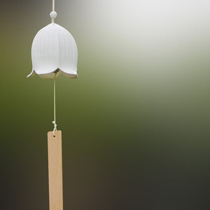 Ceramic Japanese Wind Chime, Pottery Flower Bell Ring Windchime, Traditional Eastern Oriental Zen Home Garden Decoration