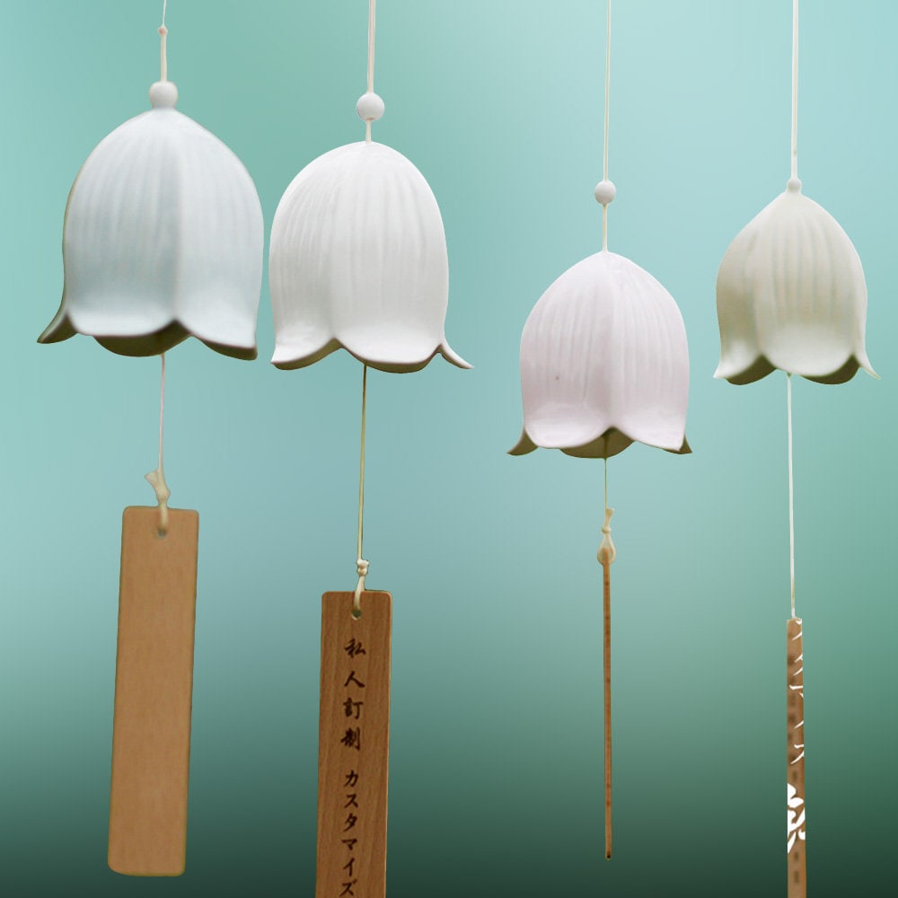 Ceramic Japanese Wind Chime, Pottery Flower Bell Ring Windchime, Traditional Eastern Oriental Zen Home Garden Decoration