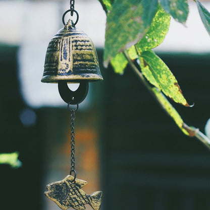 Metal Bell Fish Wind Chime, Japanese Style Iron Bell Ring Windchime, Traditional Eastern Oriental Zen Home Garden Decoration