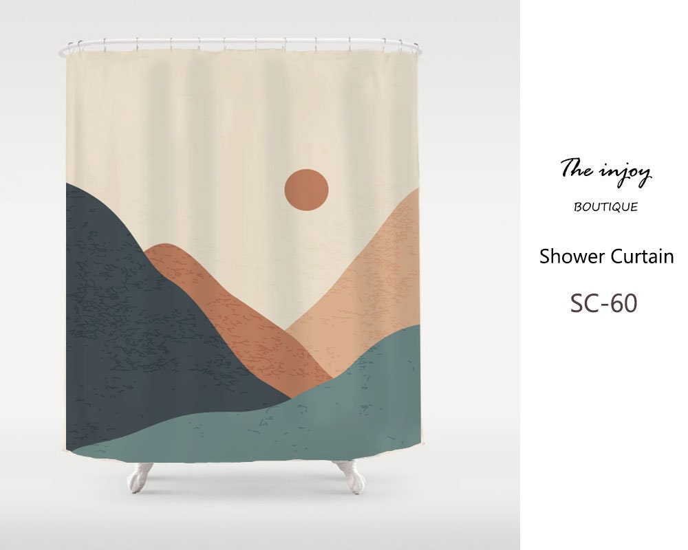 Abstract Sun& Mountains Landscape Shower Curtain, Boho Shower Curtain with Hook, Modern Extra Long High Quality Curtains, Duschvorhang