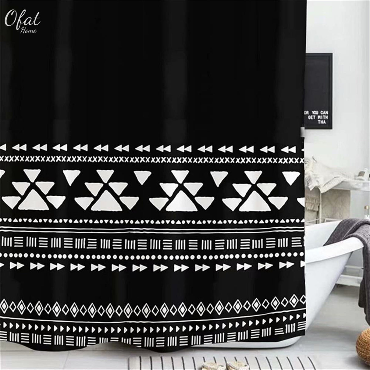 Ofat Home Black and White Boho Shower Curtain with Hooks Bathroom Decor, No Liner Needed Waterproof Washable,  Heavy Fabric 150gsm, 72"x72"