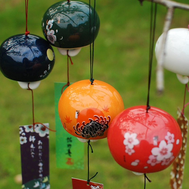 Japanese Style Ceramic Wind Chime, Flower Pottery Bell Ring Windchime, Traditional Eastern Oriental Zen Home Garden Decoration