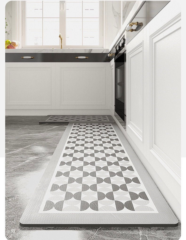 Grey White Geometric Kitchen Floor Mat
