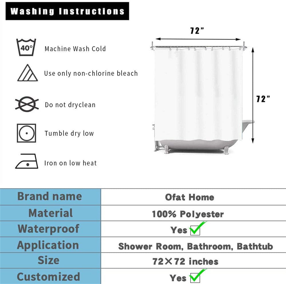 Ofat Home White Shower Curtain with Hooks for Bathroom, No Liner Needed Waterproof Washable, Extra Long Heavy Fabric 150gsm, 72"x72"