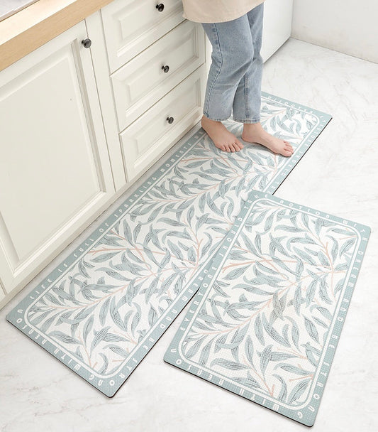 Blue White Leaves Kitchen Floor Mat