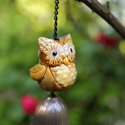 Metal Leave Wind Chime, Ceramic owl Iron Bell Ring Windchime, Traditional Eastern Oriental Zen Home Garden Decor