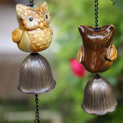 Metal Leave Wind Chime, Ceramic owl Iron Bell Ring Windchime, Traditional Eastern Oriental Zen Home Garden Decor