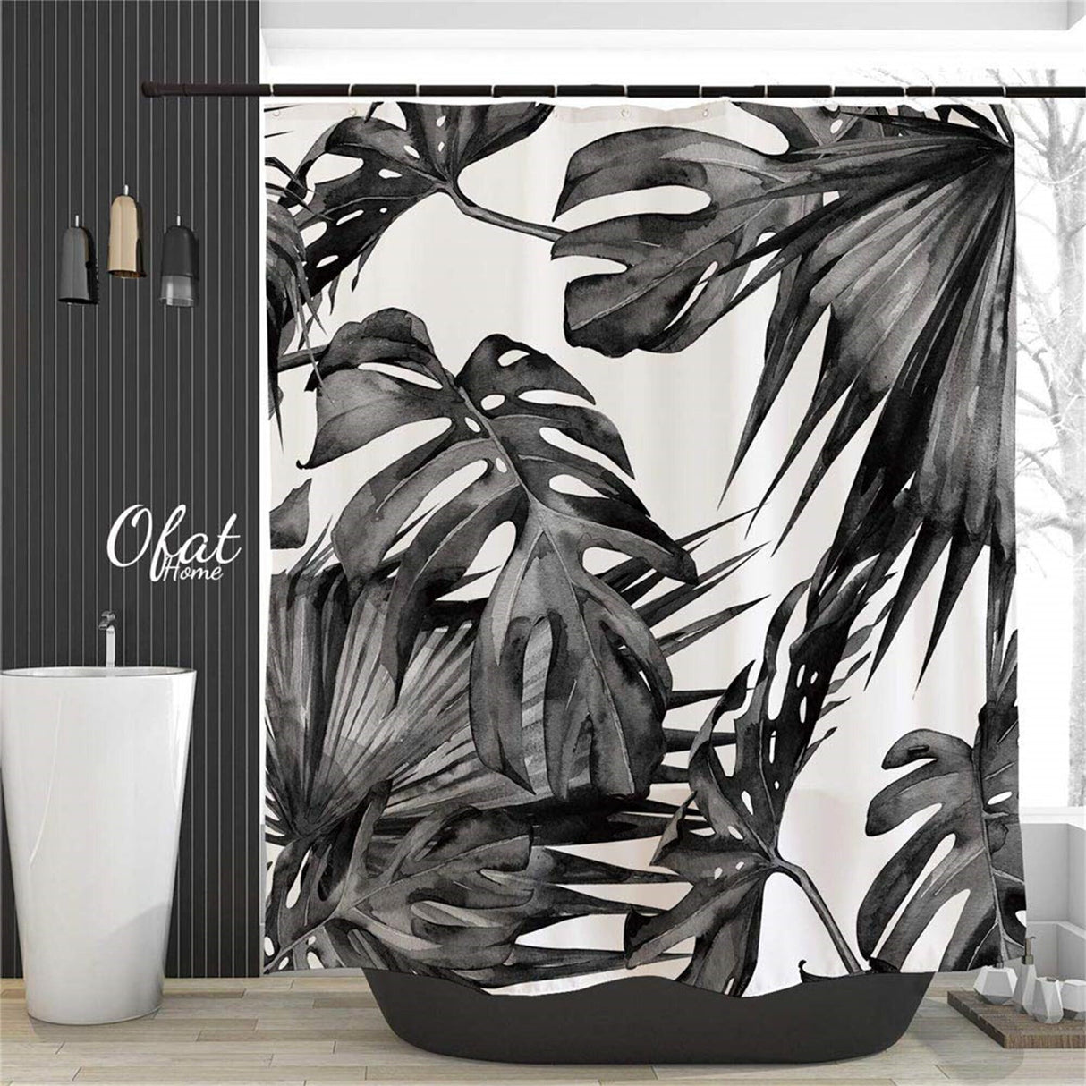 Ofat Home Black and White Frond Palm Leaves Rainforest Shower Curtain with Hooks Heavy Fabric Bathroom Decor, No Liner Needed, 72"x72"