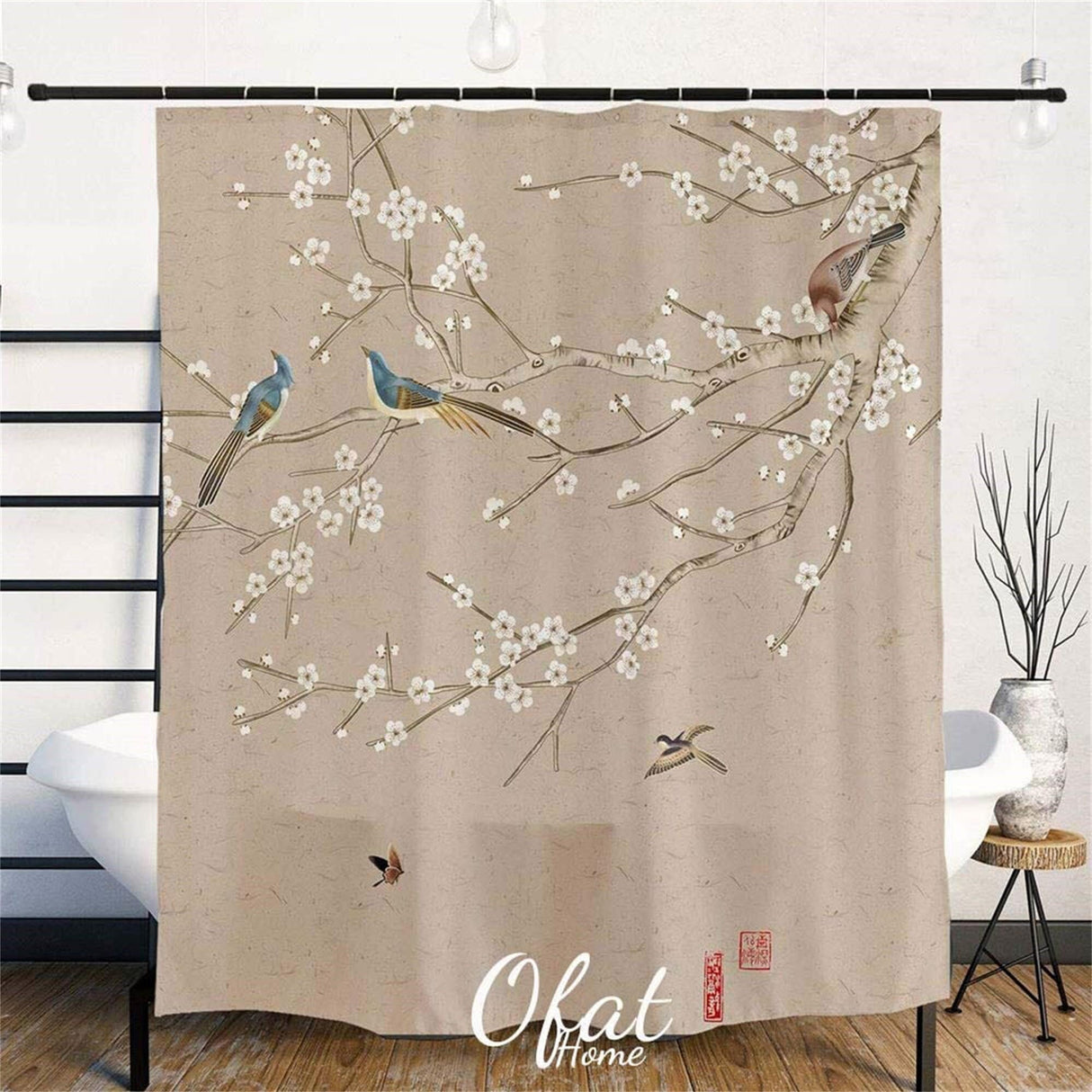 Ofat Home Chinese Ink Painting Plum Blossom Artistic Waterproof Shower Curtains for Bathroom Tub Decor, No Liner Needed Washable,72"x72"