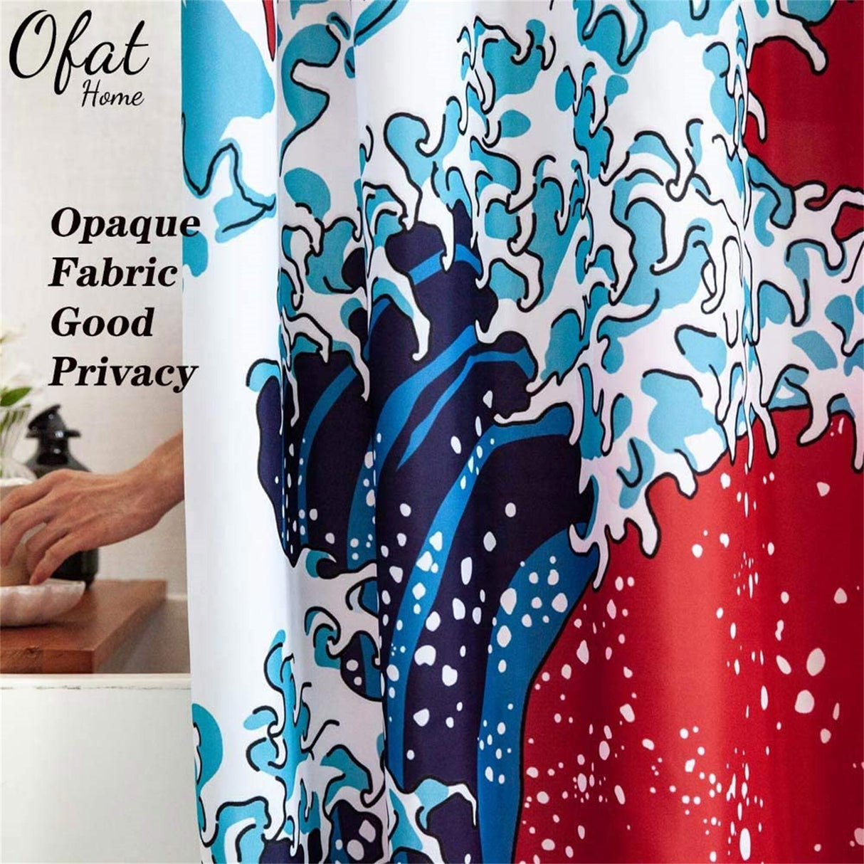 Ofat Home Red Blue Godzilla and The Great Wave Shower Curtain Sets with Hooks Bathroom Decor,No Liner Needed Waterproof Washable, 72x84 inch