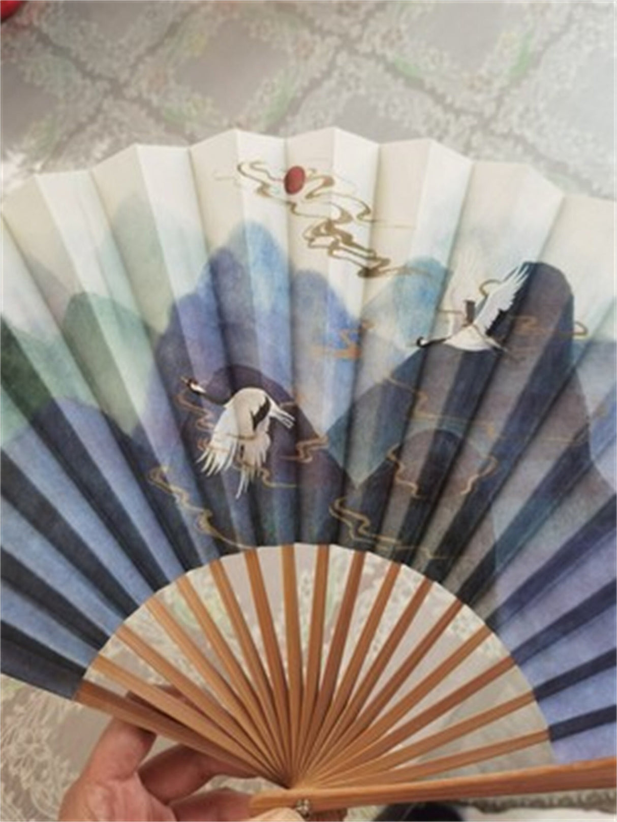 Chinese Paper Fan,Mountain Crane Carp Wood Handle Folding Fan,Double-sided Watercolor Painting Paper Fan with Tassel,10.25" Long