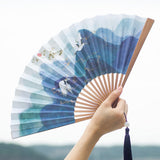 Chinese Paper Fan,Mountain Crane Carp Wood Handle Folding Fan,Double-sided Watercolor Painting Paper Fan with Tassel,10.25" Long