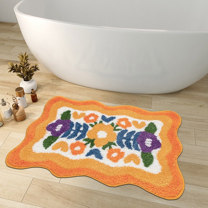 Colorful Flowers Bath Mat, Orange Flora Soft Bathroom Rug, Tufted Bath Rug, Purple Tulip Water Absorbent Non-Slip Bathroom Mat