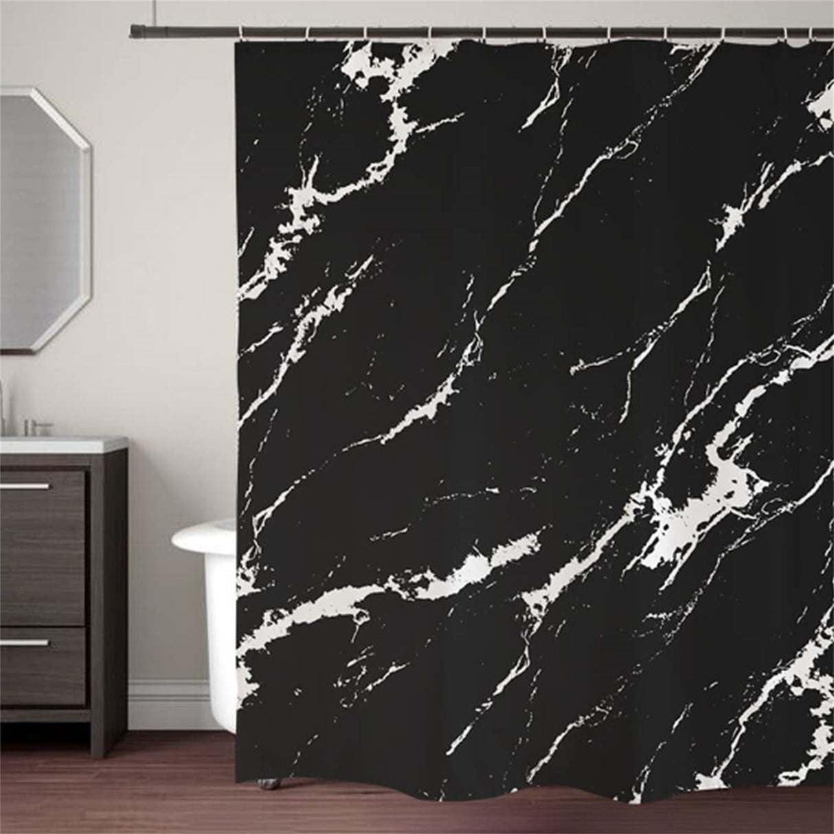 Ofat Home Black and White Marble Shower Curtain with Hooks Bathroom Decor, No Liner Needed Waterproof Washable, Heavy Fabric 150gsm, 72"x72"