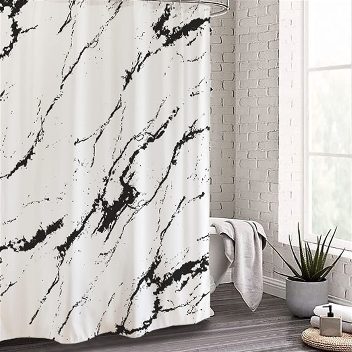 Ofat Home Black and White Marble Shower Curtain with Hooks Bathroom Decor, No Liner Needed Waterproof Washable, Heavy Fabric 150gsm, 72"x72"