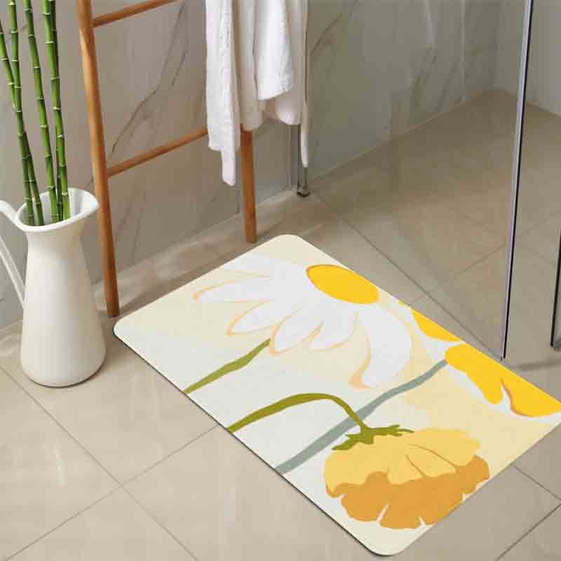 Yellow Daisy Flowers Bath Mat, Soft Bathroom Rug, Bright Floral Bath Rug for Bathroom, Water Absorbent Non-Slip Bathroom Mat