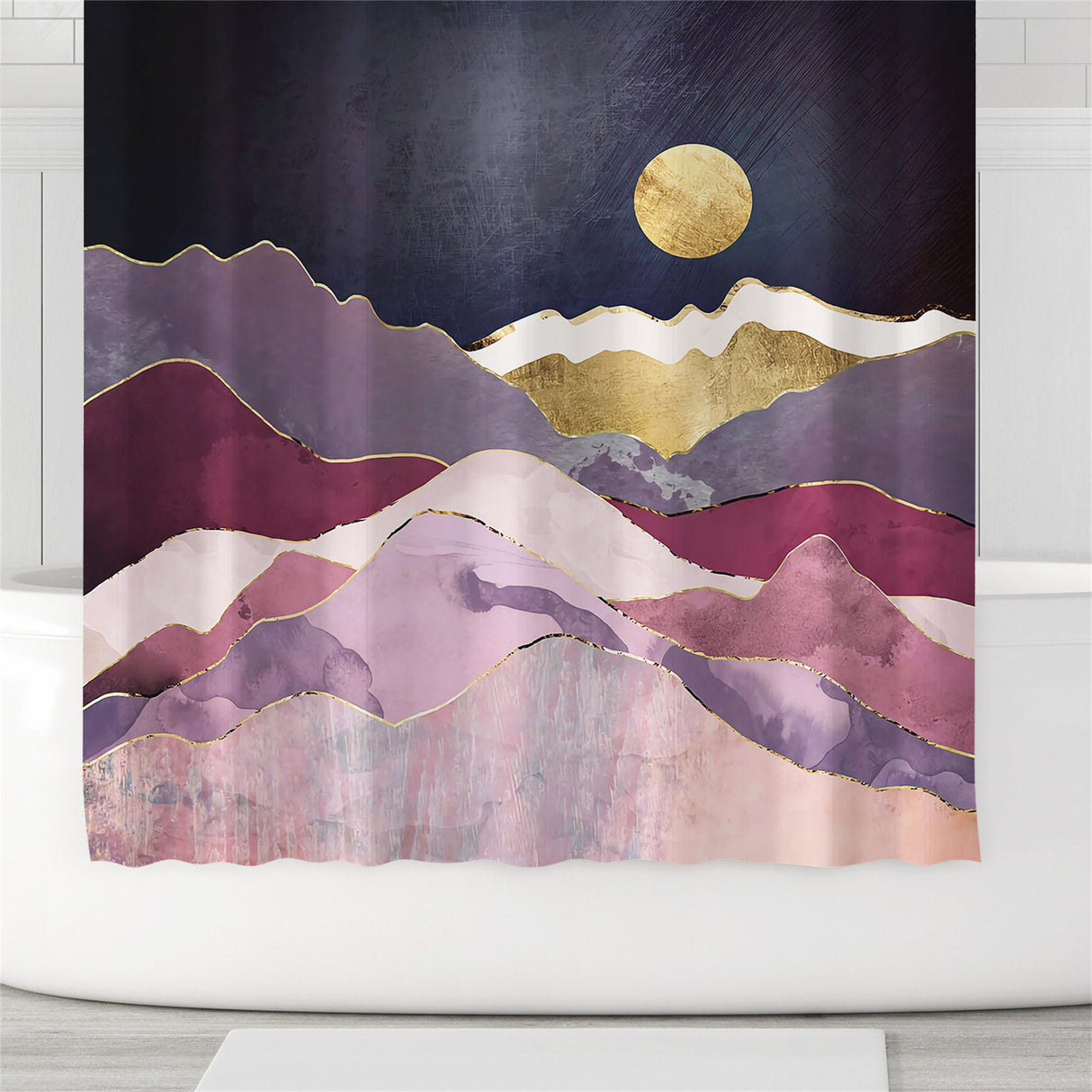 Ofat Home Abstract Sun Mountains Landscape Shower Curtain with Hooks Heavy Fabric Bathroom Decor,Waterproof Fabric Home for Bathroom Decor