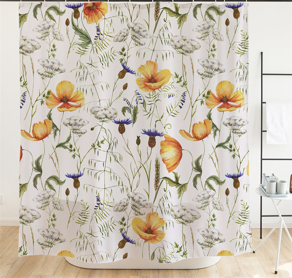 Japanese Floral Bohemian Shower Curtain with Plastic Hooks 72x72 Inch, Waterproof Fabric Home for Bathroom Party Decor No Liner Needed