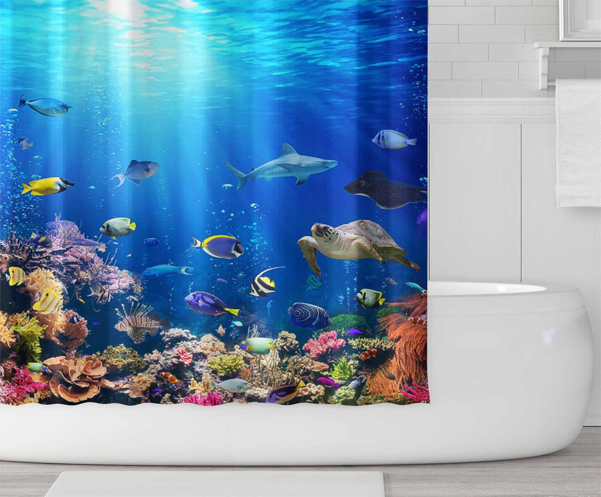 Ofat Home Underwater World Curtain（Duschvorhang ）Sets With Hooks For Bathroom Tub Decor, Extra Long Heavy Fabric 150g