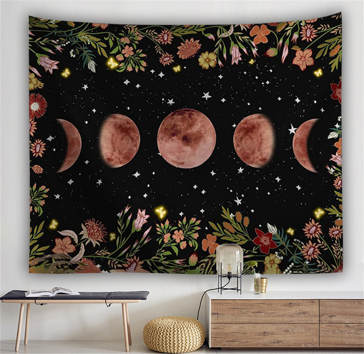 Ofat Home Moon Tapestry Aesthetic, Witchy Decor, Bohemia Wall Hanging Tapestry  , Floral Print, Flowers Wall Art, Pagan Altar Cloth