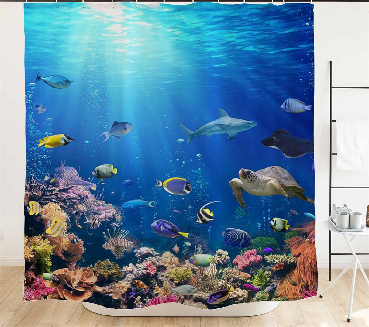 Japanese Blue Ocean for Sea Fish shower curtain With Plastic Hooks, 72x72 Inches, Sunset Shower Curtain Waterproof Modern Fabric