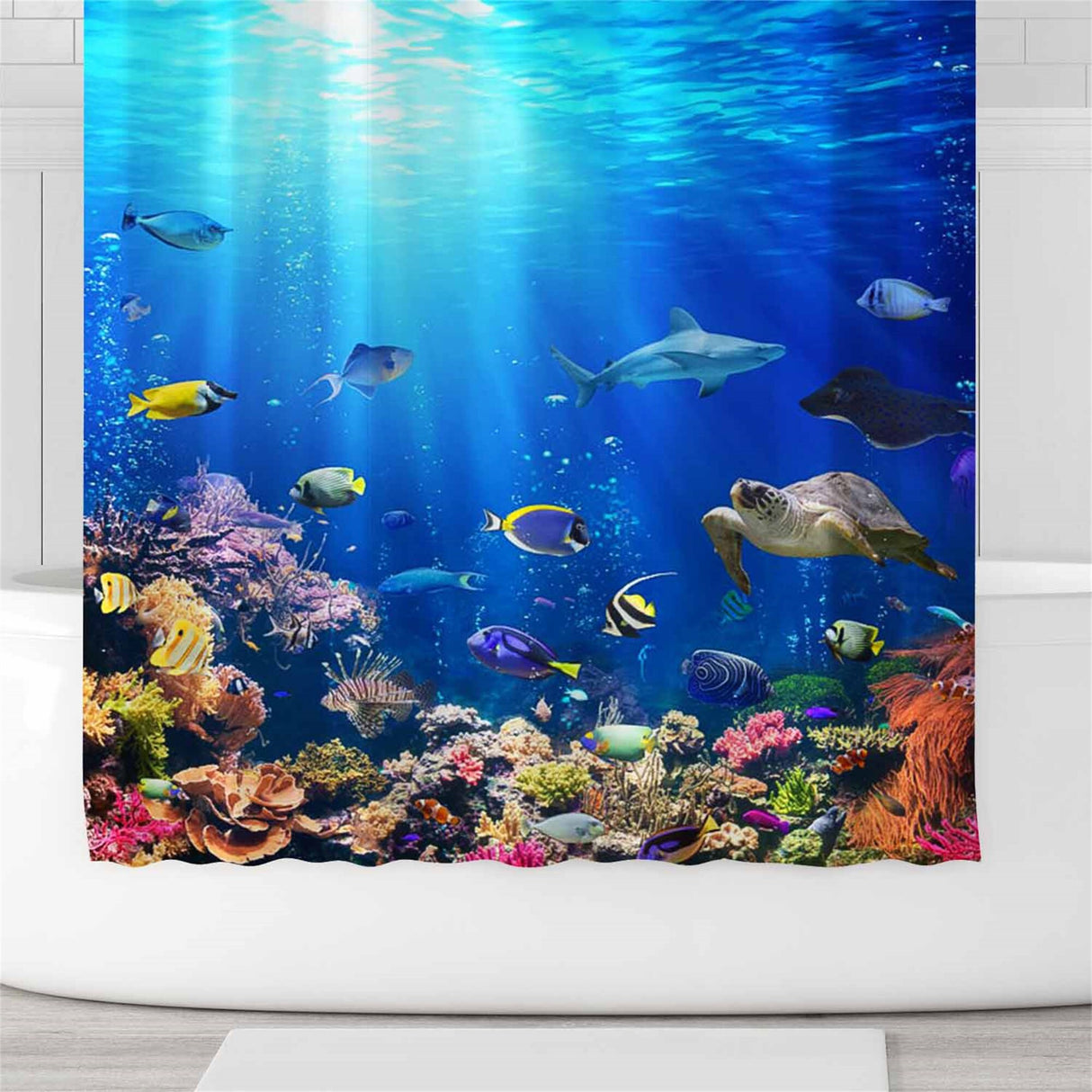 Japanese Blue Ocean for Sea Fish shower curtain With Plastic Hooks, 72x72 Inches, Sunset Shower Curtain Waterproof Modern Fabric