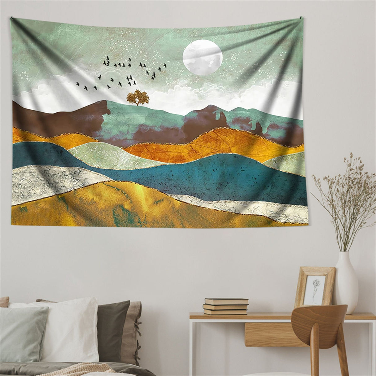 Home Abstract Mountain Tapestry Sunset Wall Hanging Boho Tapestry , Mountain Wall Art, Forest Tapestry