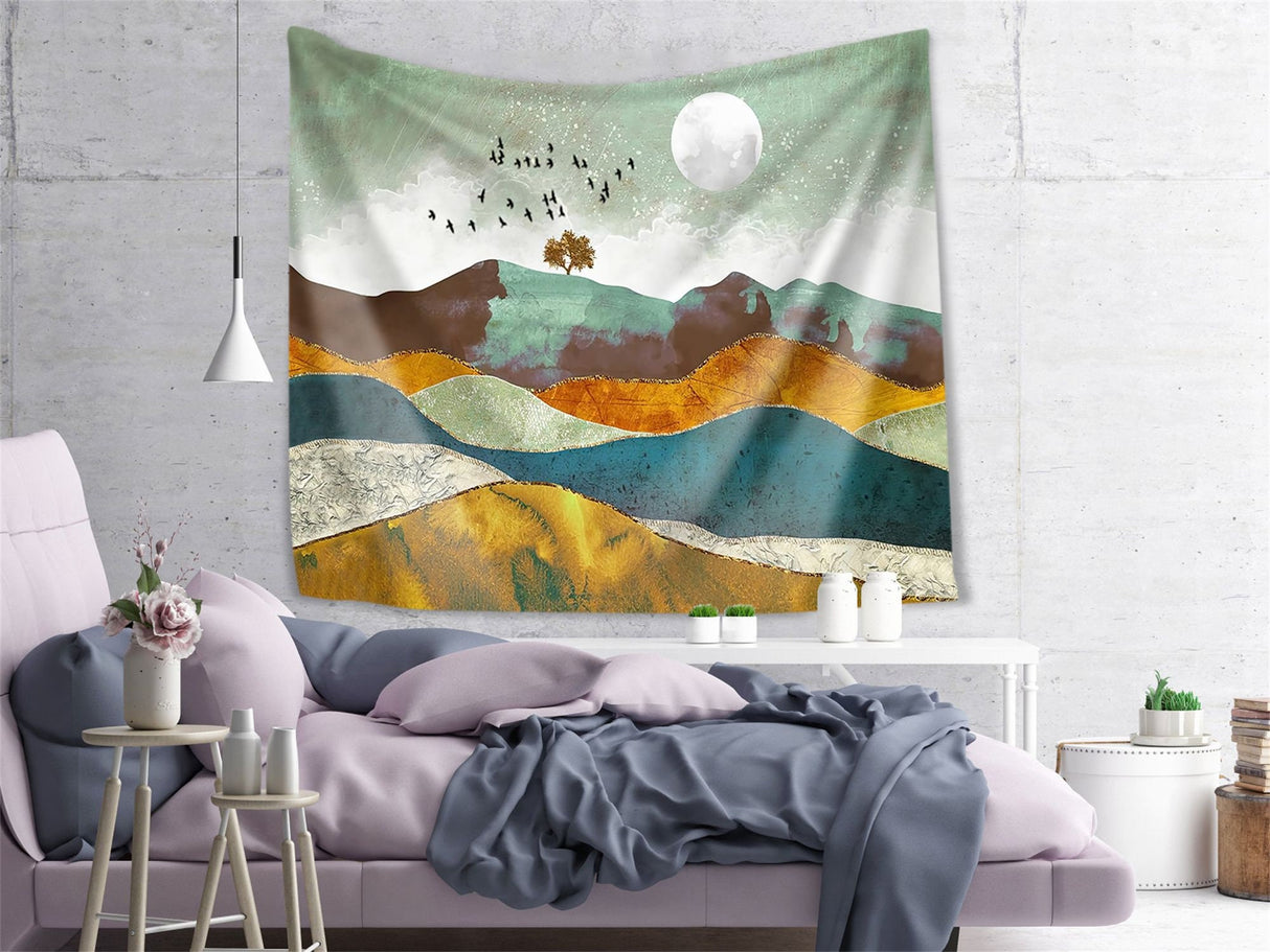 Home Abstract Mountain Tapestry Sunset Wall Hanging Boho Tapestry , Mountain Wall Art, Forest Tapestry