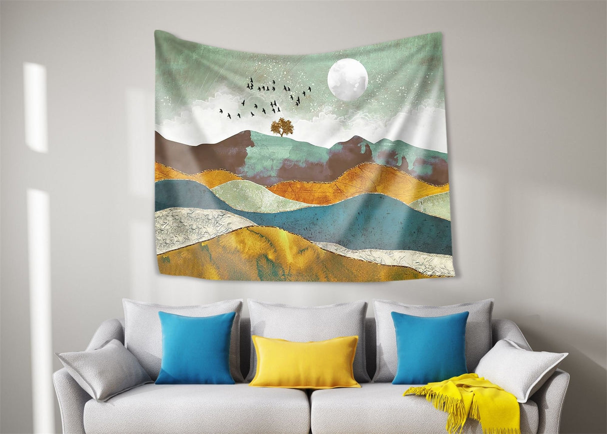 Home Abstract Mountain Tapestry Sunset Wall Hanging Boho Tapestry , Mountain Wall Art, Forest Tapestry