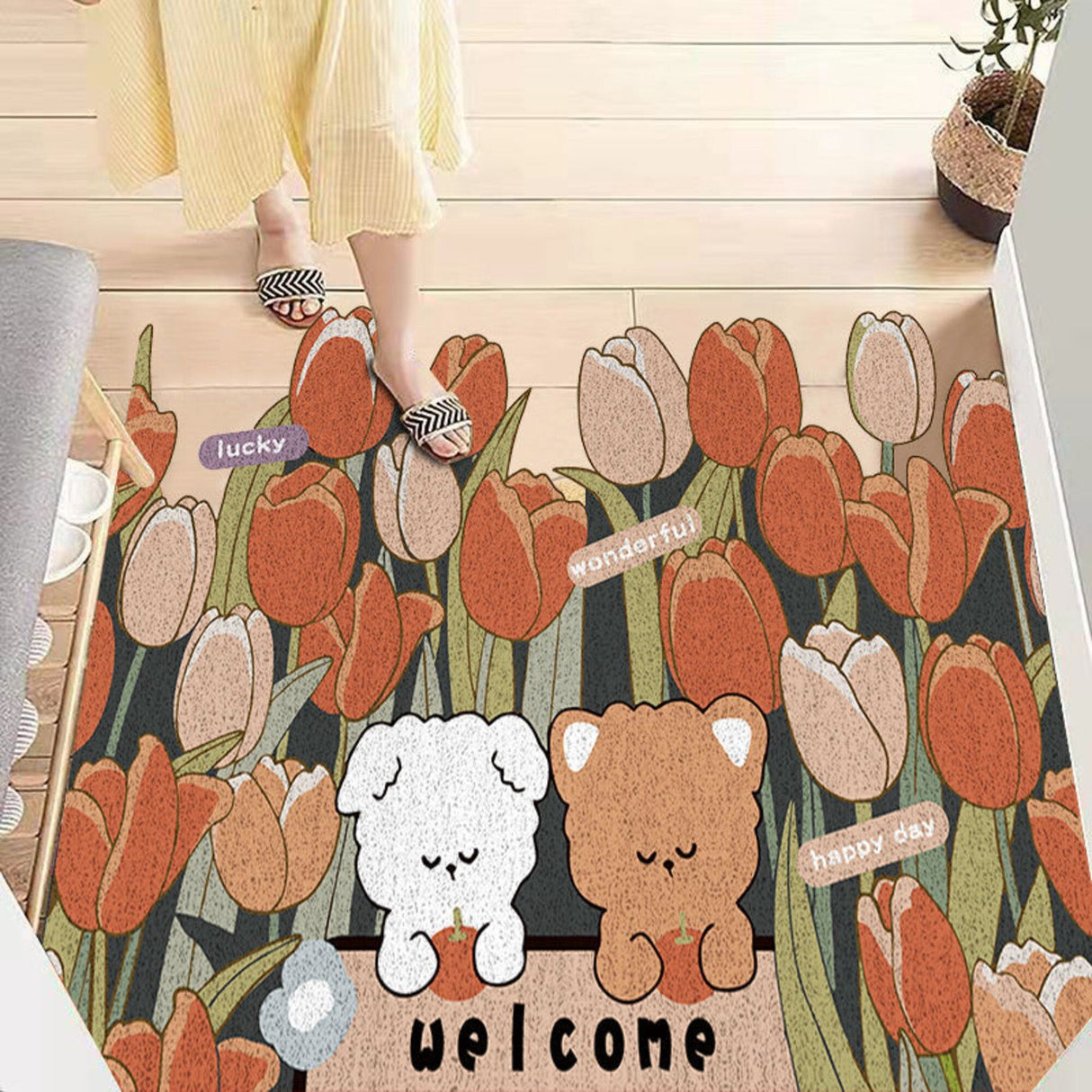 Feblilac Red Pink Tulips and Bears PVC Coil Door Mat