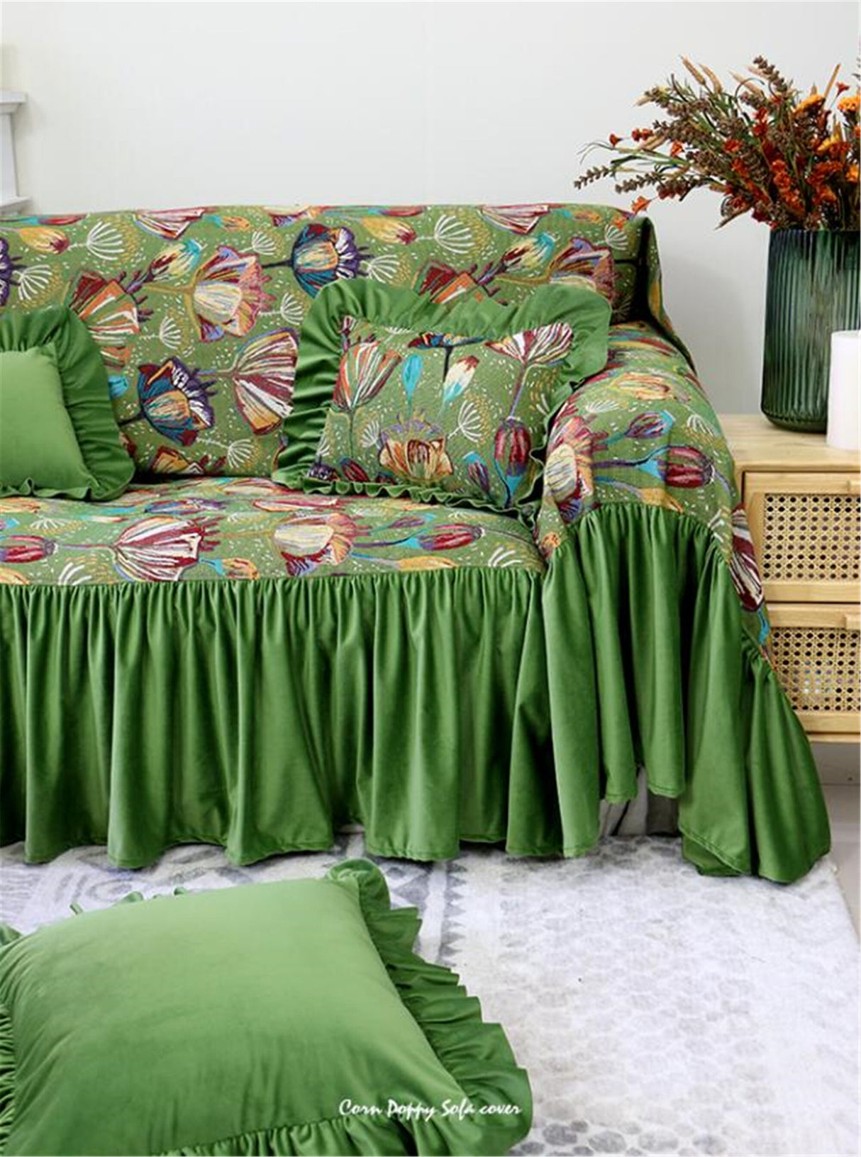 Corn Poppy Couch Cover,Yarn-dyed Jacquard Floral Sofa Towel,Ruffled Sofa Slipcover,Dust-proof Sofa Cover,One Piece Non-Slip Sofa Cover