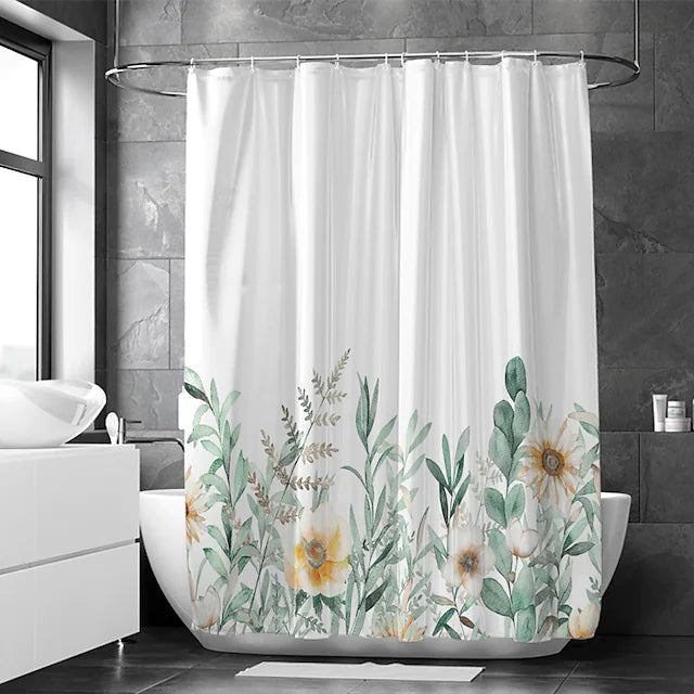 Feblilac Green and Yellow Flower Garden Shower Curtain with Hooks, Bathroom Curtains with Ring, Unique Bathroom décor, Boho Shower Curtain, Customized Bathroom Curtains, Extra Long Shower Curtain