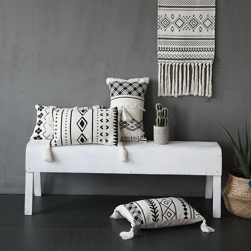 Cushion Cover Decorative Waist Pillow Case Nordic Geometric White Black Lines Tufted Tassels Modern Sofa Chair Cousin