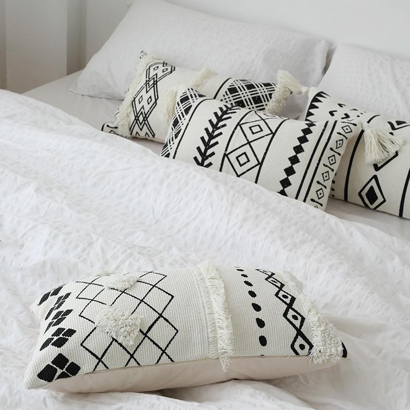 Cushion Cover Decorative Waist Pillow Case Nordic Geometric White Black Lines Tufted Tassels Modern Sofa Chair Cousin