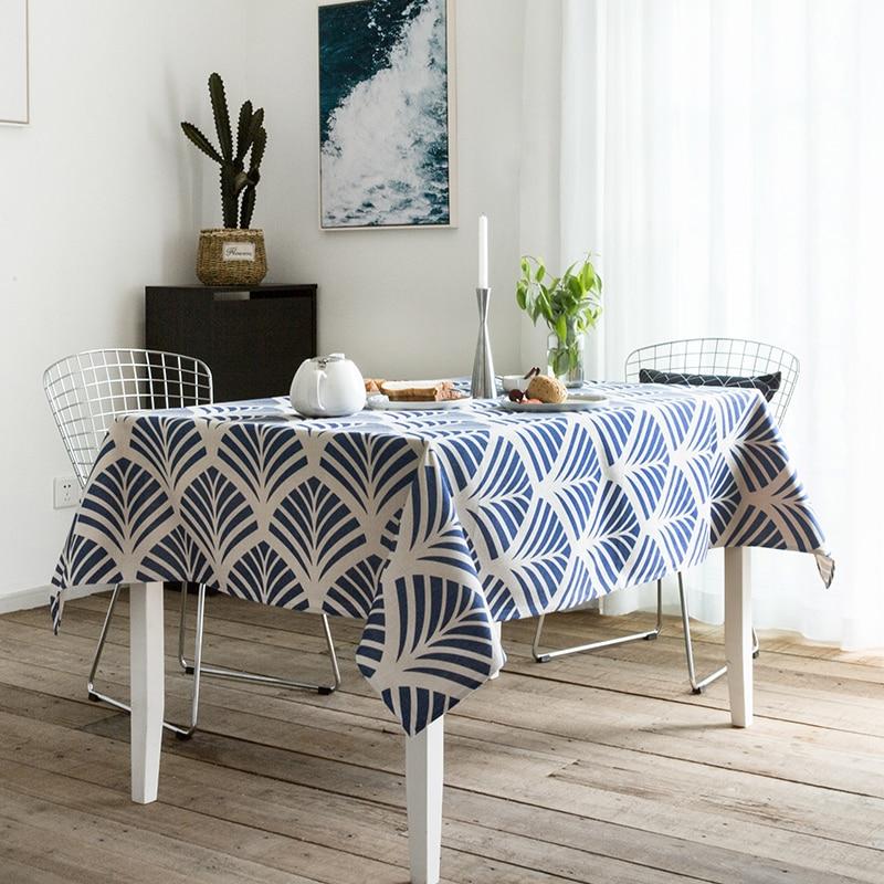 Tablecloth Party Table Cover Fabric Modern Geometric Blue Print Fashion Desk Decorate Heavy Linen Cotton Blend Textile