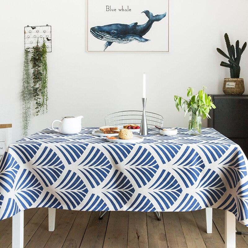 Tablecloth Party Table Cover Fabric Modern Geometric Blue Print Fashion Desk Decorate Heavy Linen Cotton Blend Textile