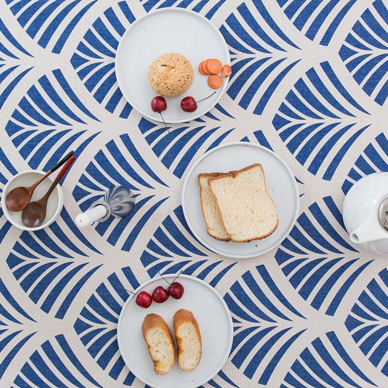 Tablecloth Party Table Cover Fabric Modern Geometric Blue Print Fashion Desk Decorate Heavy Linen Cotton Blend Textile
